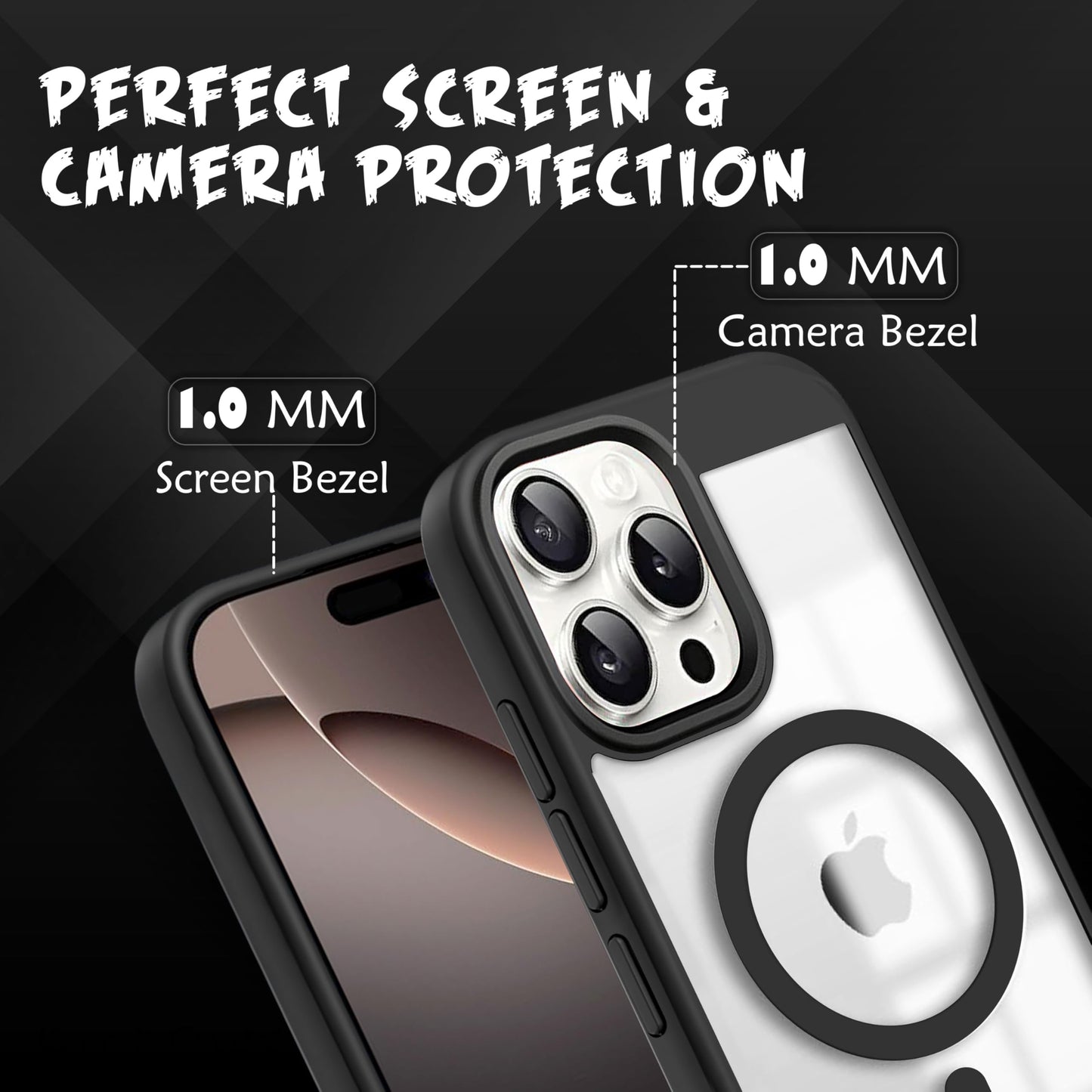 V-TAN Back Cover for iPhone 15 Pro Max Compatible Case, Strip, Transparent Clear, TPU, Protective Shockproof Cover (Black)