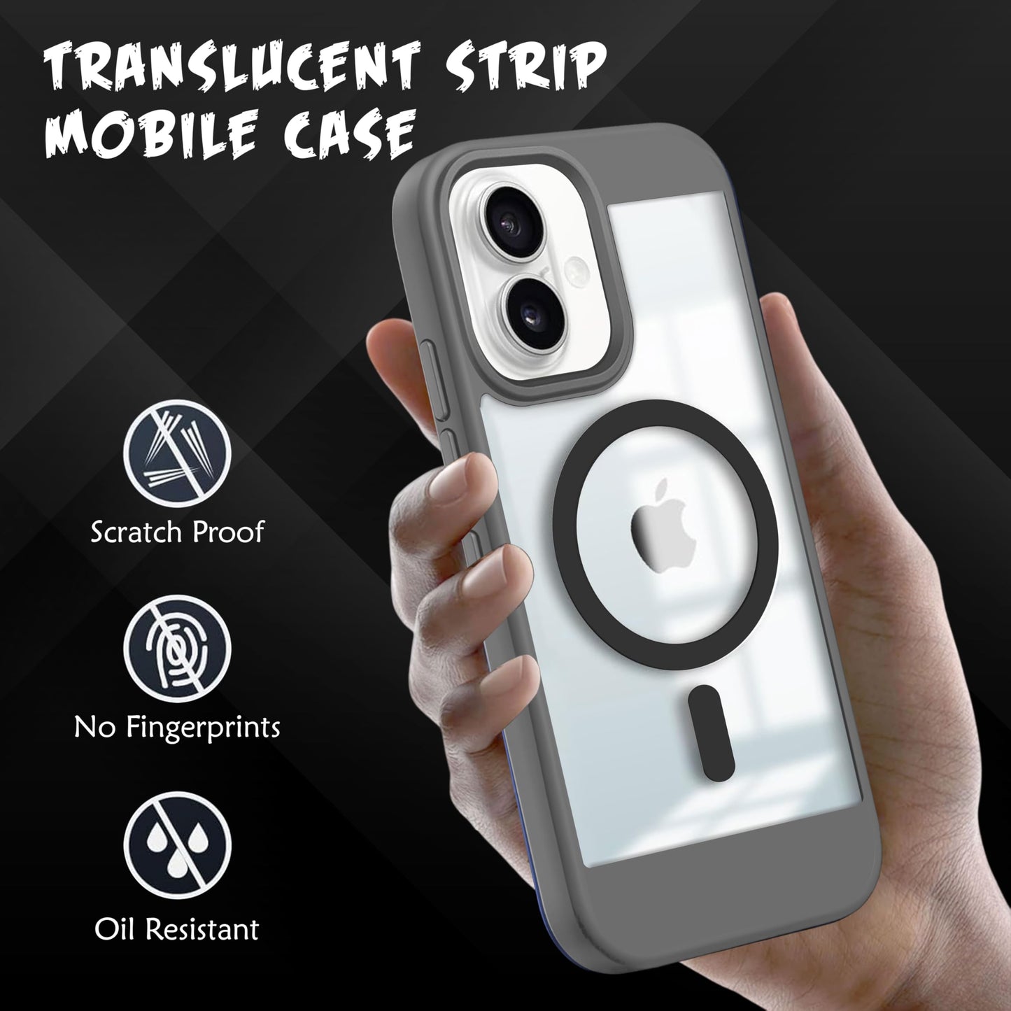 V-TAN Back Cover for iPhone 16 Plus Compatible Case, Strip, Transparent Clear, TPU, Protective Shockproof Cover (Black)