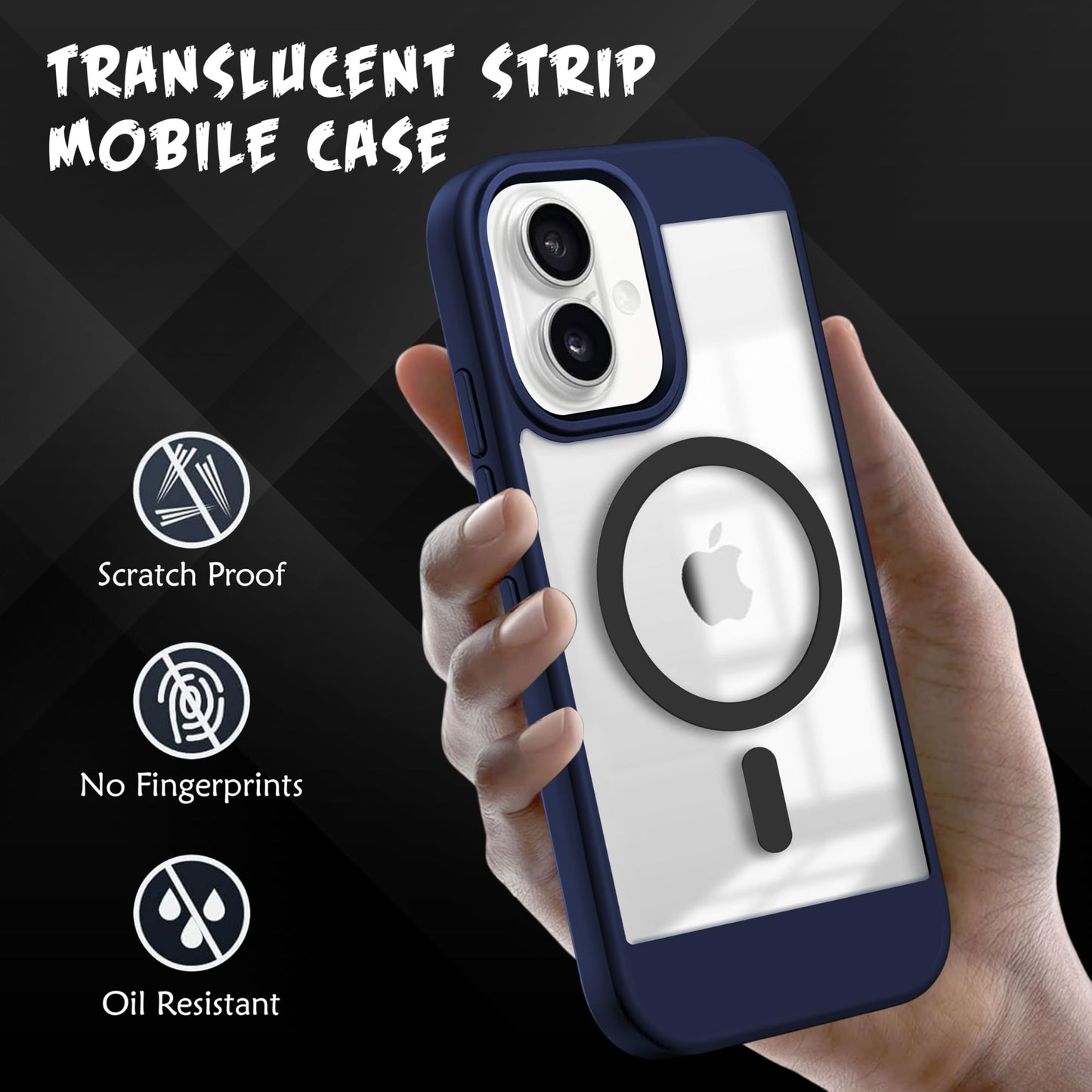 V-TAN Back Cover for iPhone 16 Plus Compatible Case, Strip, Transparent Clear, TPU, Protective Shockproof Cover (Black)