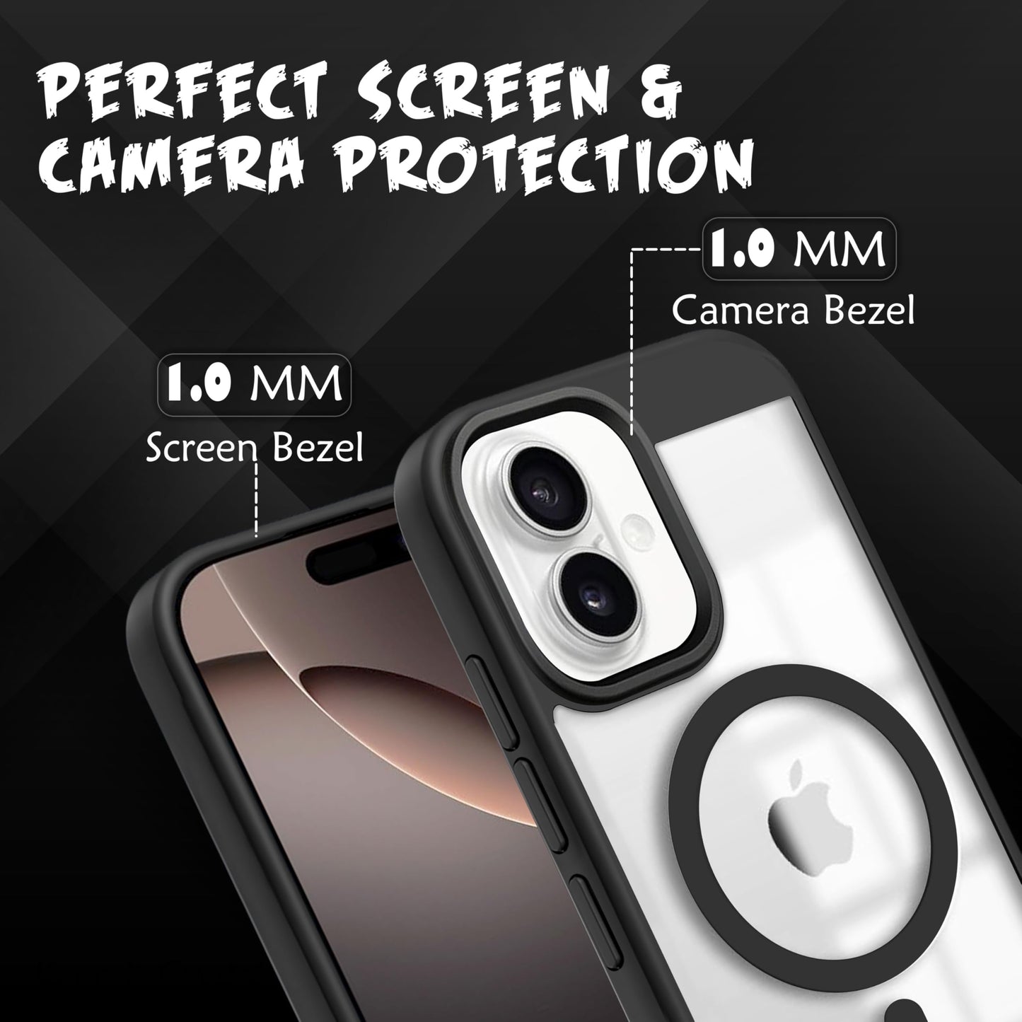 V-TAN Back Cover for iPhone 16 Compatible with Mag Case, Strip, Magnetic, Transparent Clear, TPU, Protective Shockproof Cover (Black)